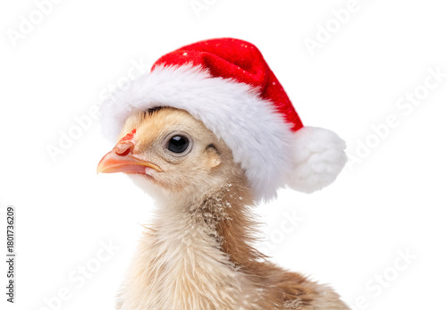 Young chick wearing Santa hat, adorable Christmas poultry portrait, isolated on a transparent background