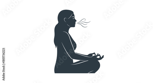 Silhouette of a woman meditating in a lotus pose with visible exhaled breath on a white background