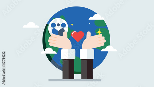 Minimalist vector art illustration of gentle hands cradling a small vibrant planet earth symbolizing care protection and global unity in a clean modern design
