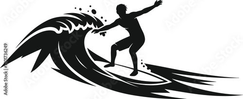 Black silhouette surfer riding a wave with spray surfing, surfing, surfer, wave, ocean, sea, water, sport, extreme sport, action, silhouette, black and white, graphic, illustration, dynamic, motion, s