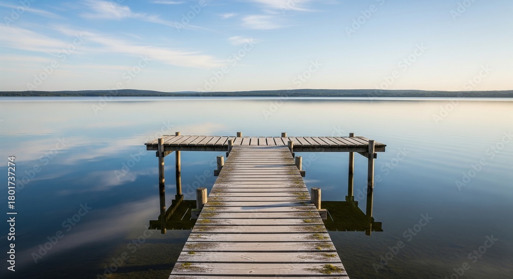 Fototapeta premium Empty Wooden Pier Reaching into Tranquil Lake Water Surface
