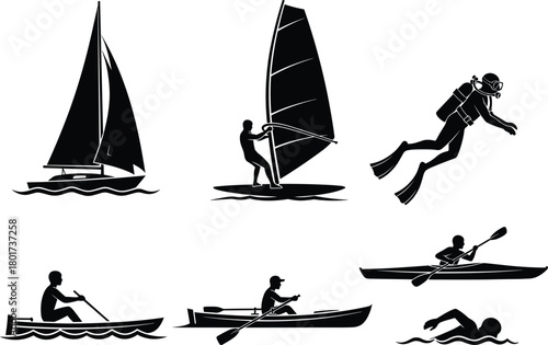 Black silhouettes of water sports and activities sailing, sailing, sailboat, windsurfing, windsurfer, scuba diving, diver, kayaking, kayaker, rowing, rower, swimming, swimmer, water sports, ocean, sea