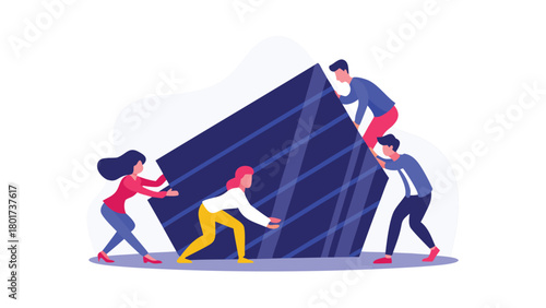 Diverse group of people working together to push a large heavy object up a steep incline symbolizing teamwork and overcoming challenges