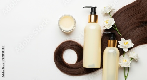 Fototapeta Naklejka Na Ścianę i Meble -  A flat lay of hair care products with a lock of shiny brown hair and white flowers. Natural cosmetic shampoo, conditioner, and mask on a white background with copy space