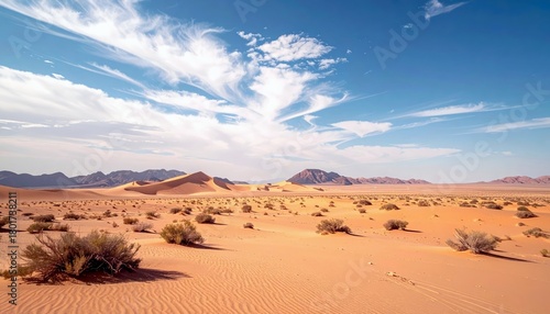 Fototapeta Naklejka Na Ścianę i Meble -  A wide, arid desert scene under a clear blue sky, featuring undulating sand dunes and scattered dry bushes.