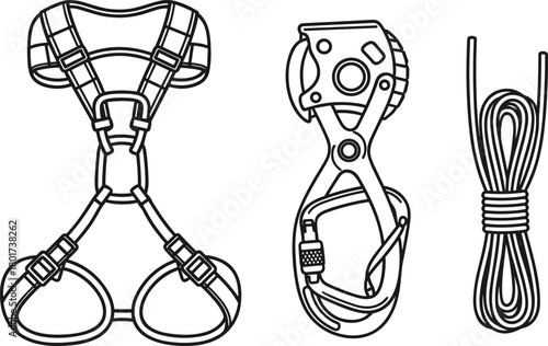 Climbing harness belay device and coiled rope line art, climbing, harness, belay device, rope, carabiner, equipment, safety, adventure, outdoor, sport, recreation, extreme, mountaineering, hiking, cam