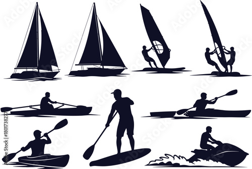 Collection of dark blue water sport silhouettes sailing boat, sailing boat, sailboat, windsurfing, windsurfer, kayaking, kayaker, rowing boat, rower, stand up paddleboarding, paddleboarder, jet ski, w