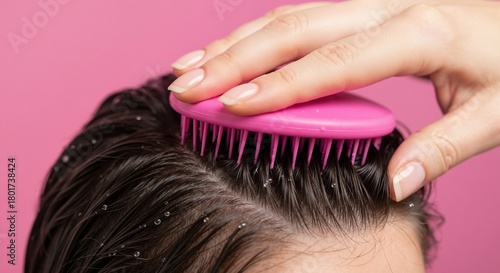 Woman brushing wet dark hair with a pink detangling brush. Close-up of a hair care and scalp treatment routine on a pink background
