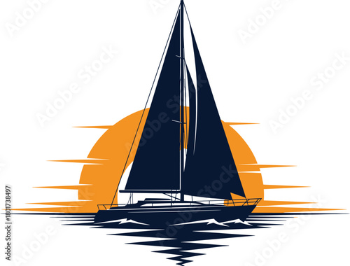Dark blue sailboat against orange sunset and water, sailboat, yacht, sailing, boat, water, sea, ocean, waves, sunset, sunrise, orange, blue, dark blue, silhouette, graphic, illustration, vector, trave