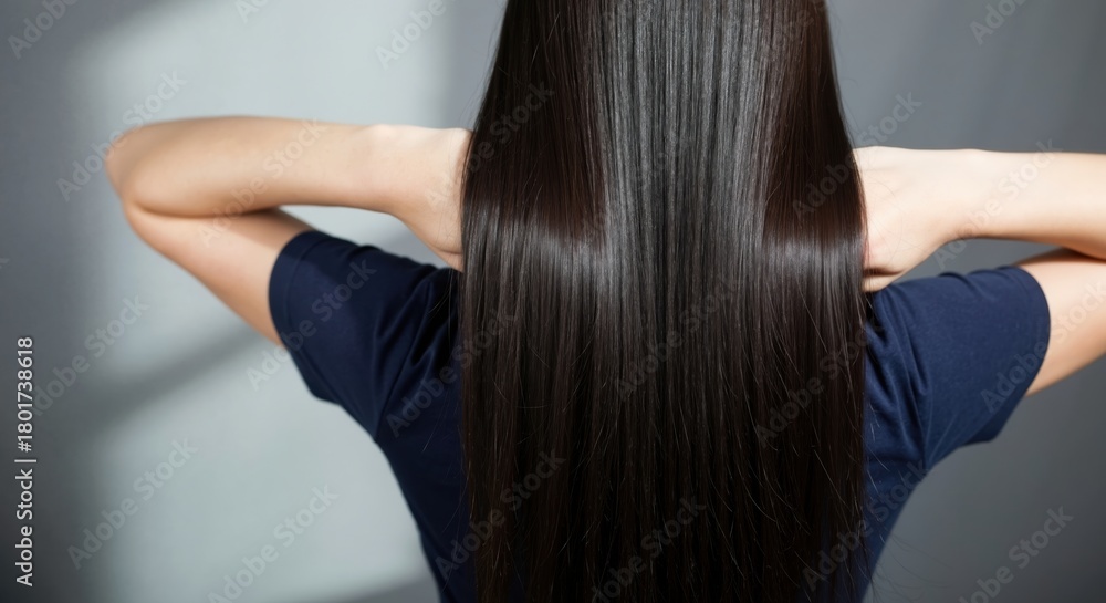 Naklejka premium Back view of a woman with long, straight, and shiny dark hair. Healthy brunette hair after salon treatment. Hair care and beauty concept