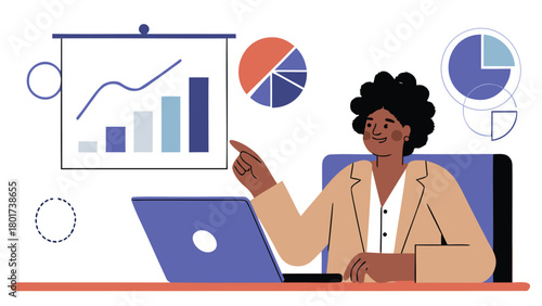 Confident businesswoman presenting financial data with charts and graphs suitable for business presentations and reports