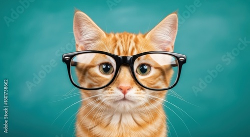 Smart Cat's Scholar Look: A ginger cat, sporting stylish glasses, gazes intently, exuding an air of intellect and curiosity. Capturing a charming blend of intelligence and feline charm.