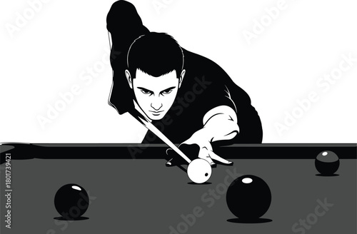 Man playing billiards striking white ball with cue stick, billiards, pool, game, sport, man, playing, cue stick, ball, white ball, black ball, table, green felt, concentration, focus, action, leisure,