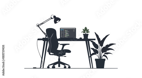 Silhouette of a modern home office desk with a laptop ergonomic chair and plants