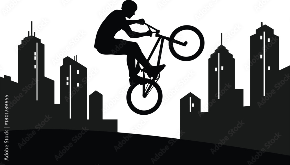 Fototapeta premium Silhouette B M X rider performing trick against city skyline, bmx, bicycle, rider, silhouette, trick, jump, city, skyline, urban, extreme sport, action, movement, dynamic, graphic, black and white, mo