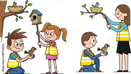 Cartoon children and adult rescuing small birds by placing them safely into nests and birdhouses, teaching wildlife care, compassion, teamwork, and nature protection
