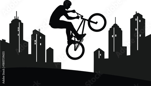 Silhouette B M X rider performing trick against city skyline, bmx, bicycle, rider, silhouette, trick, jump, city, skyline, urban, extreme sport, action, movement, dynamic, graphic, black and white, mo