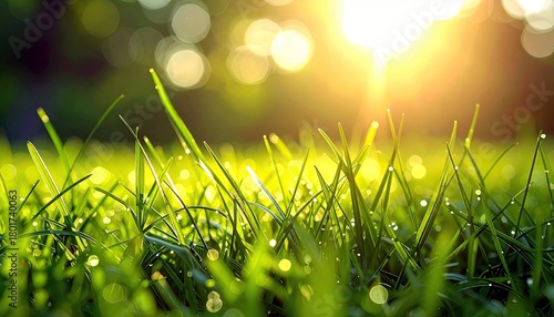 A macro shot of vibrant green grass blades covered in dew drops, illuminated by a bright, golden sun with a blurred background.