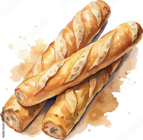 Bakery French Baguettes Vector Watercolor Illustration