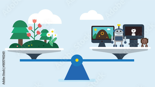 Conceptual illustration of balanced scales with natural elements like leaves and branches symbolizing harmony between nature and justice presented in a stylized digital art aesthetic