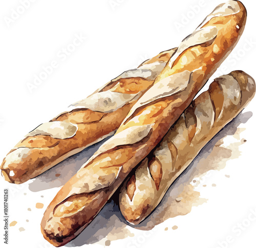 Watercolor French Baguettes Artisan Bread Loaves Vector Watercolor Illustration