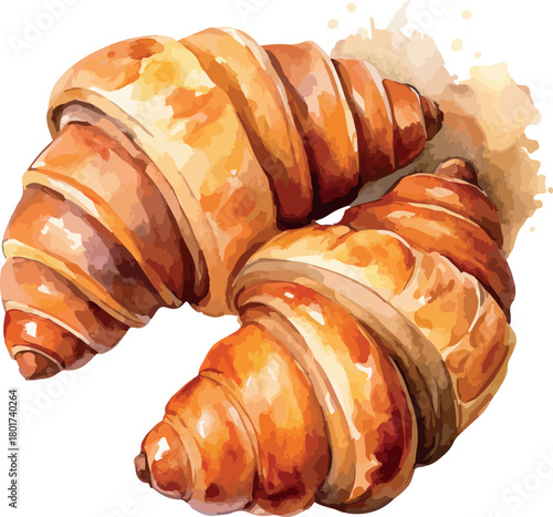 Fresh Baked Croissants Pastry Vector Watercolor Illustration