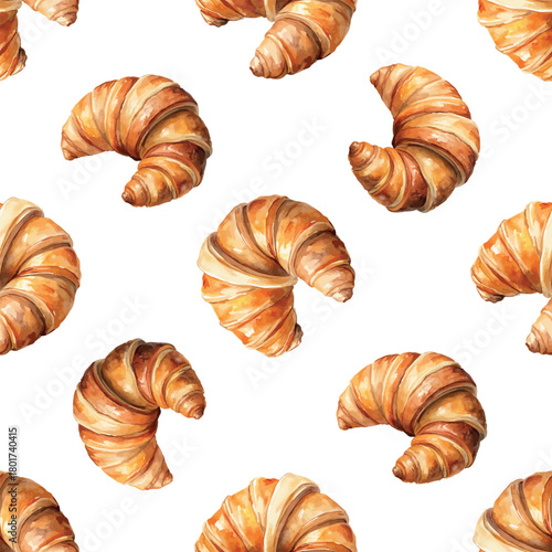 French Croissant Bakery Food Vector Watercolor Pattern