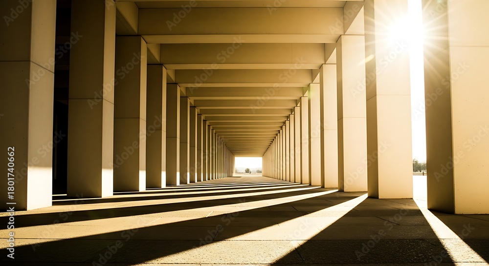 Fototapeta premium Endless colonnade with strong geometric lines and dramatic shadows cast by the sun, creating a sense of depth and perspective in an architectural passage