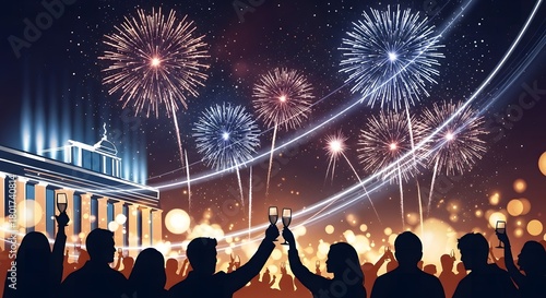 Celebration with fireworks and cheering crowd at night in front of building