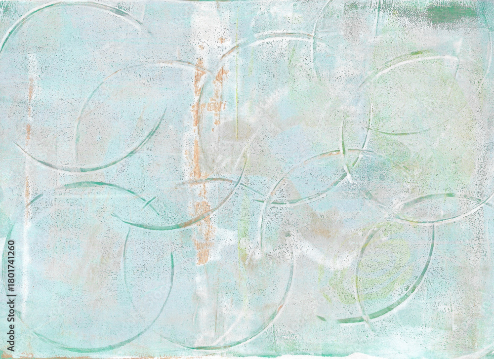 Obraz premium Gelli Print: Mint Texture with Overlapping Green Circles. Can be used for backgrounds, textiles, packaging, stationery, wall art.
