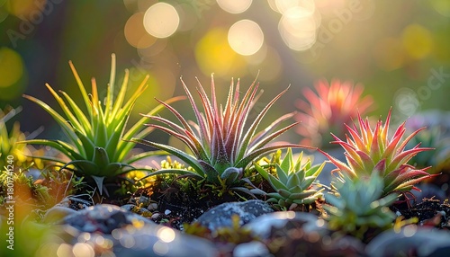 A close-up view of several air plants with colorful leaves, nestled among rocks and moss, illuminated by warm sunlight.