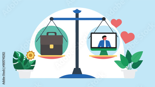 Stylized illustration of scales balancing love and wisdom symbolizing harmony and equilibrium between emotions and intellect in a conceptual design