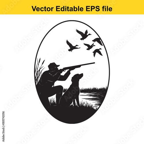 Silhouette of a hunter aiming a rifle with his dog beside him, while birds fly overhead in an oval frame, vector art