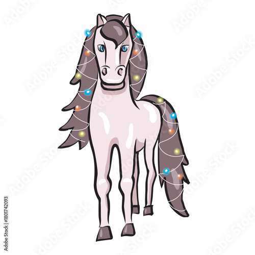 Horse with Christmas lights. Vector clipart