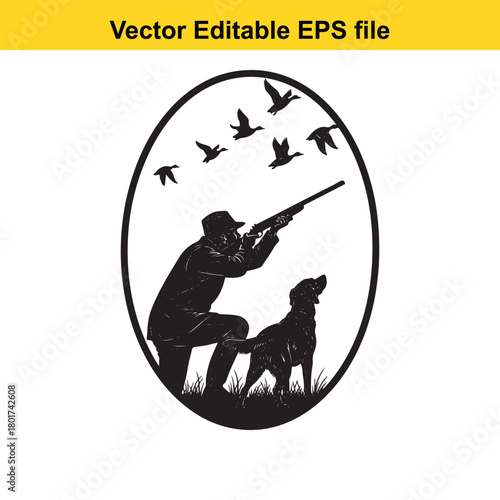 Silhouette of a hunter aiming a rifle with his dog beside him, while birds fly overhead in an oval frame, vector art