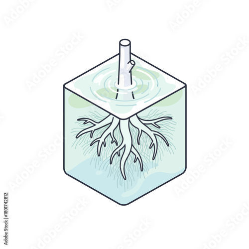 Isometric illustration of a plant with a developing root system submerged in water within a cube