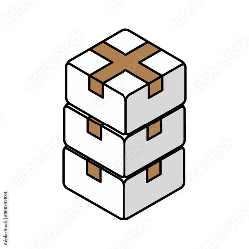 Stack of three isometric boxes with brown tape for shipping and storage