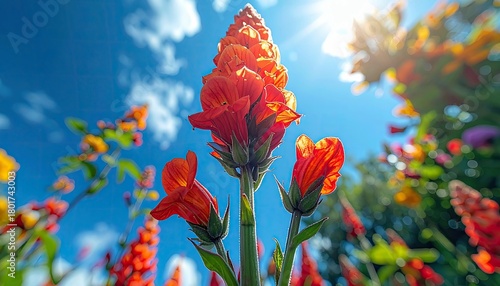 A low-angle view of bright orange flowers blooming in a garden, with the sun shining through the petals and a clear blue sky above.