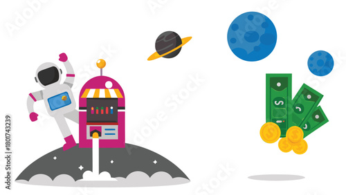 Joyful astronaut in a futuristic space casino celebrates a win surrounded by cosmic elements and vibrant colors perfect for entertainment and gaming themes