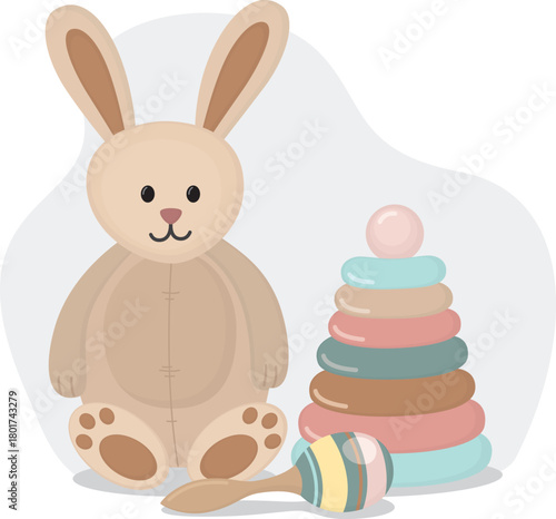 Cute composition with soft bunny, playful rattle and stacking pyramid. Still life illustration with classic baby toys