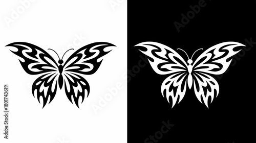 Elegant Butterfly Silhouette with Tribal Elements on Contrasting Backgrounds
