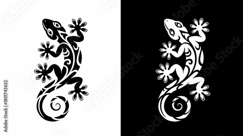 Tribal Gecko Lizard Vector Illustration Design in Black and White