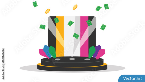 Vibrant colorful abstract background with money flying through the air symbolizing financial success wealth and prosperity in a dynamic composition