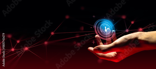 hand of businessman interactive touching a holographic anti-virus security shield system network and technology, success of innovation