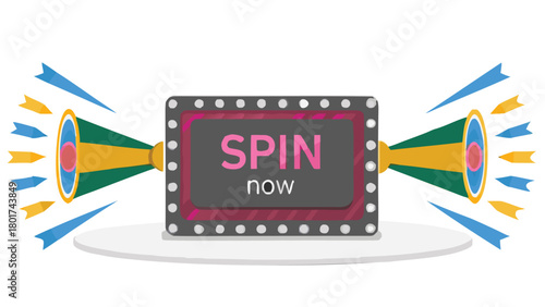 Stylized game menu screen with a prominent spin now button and vibrant color accents perfect for casino or arcade applications