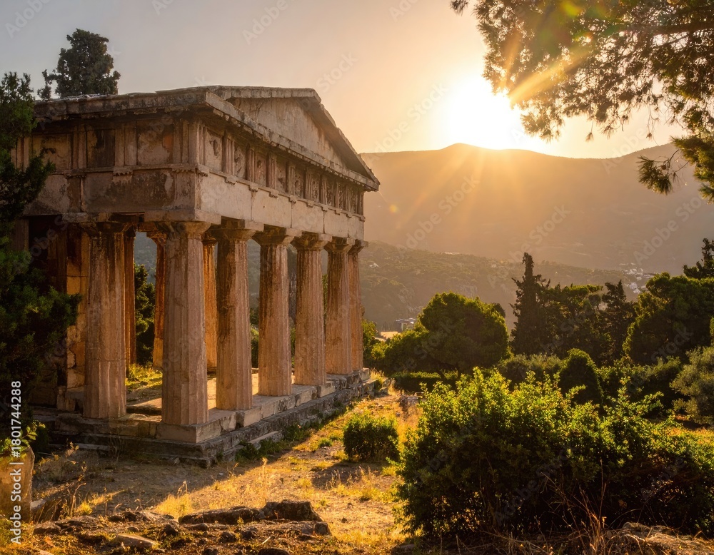 Obraz premium Ancient Greek Temple at Sunset: Majestic Ruins, Golden Hour Light, Historical Architecture, Travel Photography, Greece Landscape