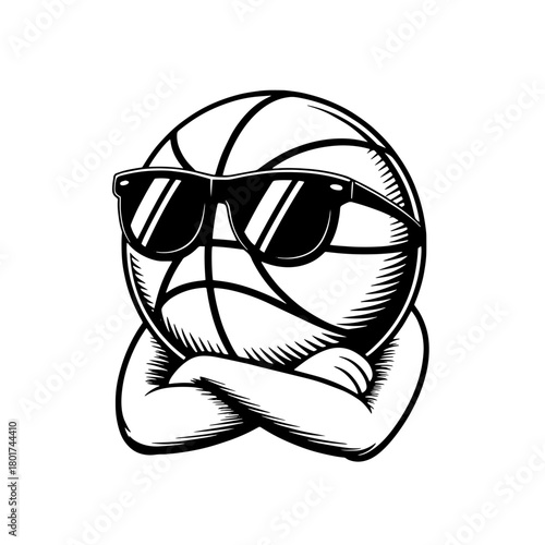 Basketball wearing sunglasses shows attitude with crossed arms in a playful cartoon style