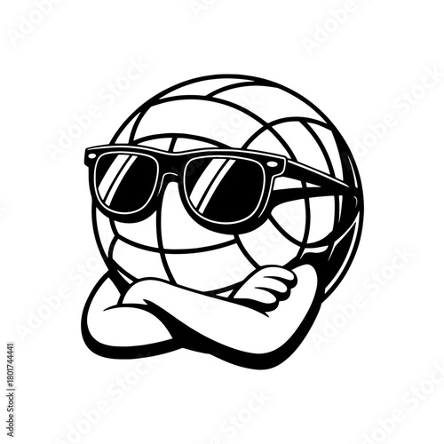 Cool globe character with sunglasses crossing arms in a fun and playful design
