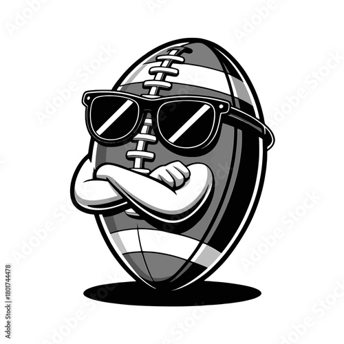 Cool cartoon rugby ball with sunglasses and crossed arms showing attitude and style