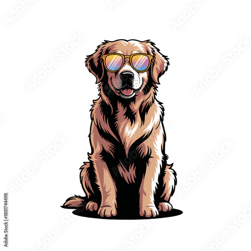 Golden retriever wearing sunglasses greets the day with cheer in a playful graphic design